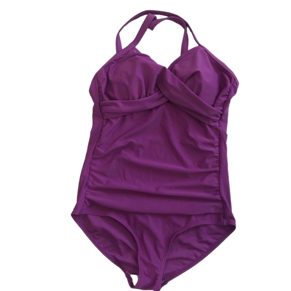 Cabana Beach Size M(12) purple one piece swimsuit. Ruching crisscross straps